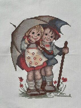 Finished Cross Stitch Signed Girl & Boy & Umbrella Completed 14" x 12"